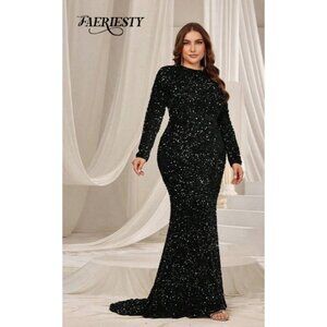 Faeriesty Black Sequin Long Sleeve Forma Dress Size 5XL Plus Size Elegant Night